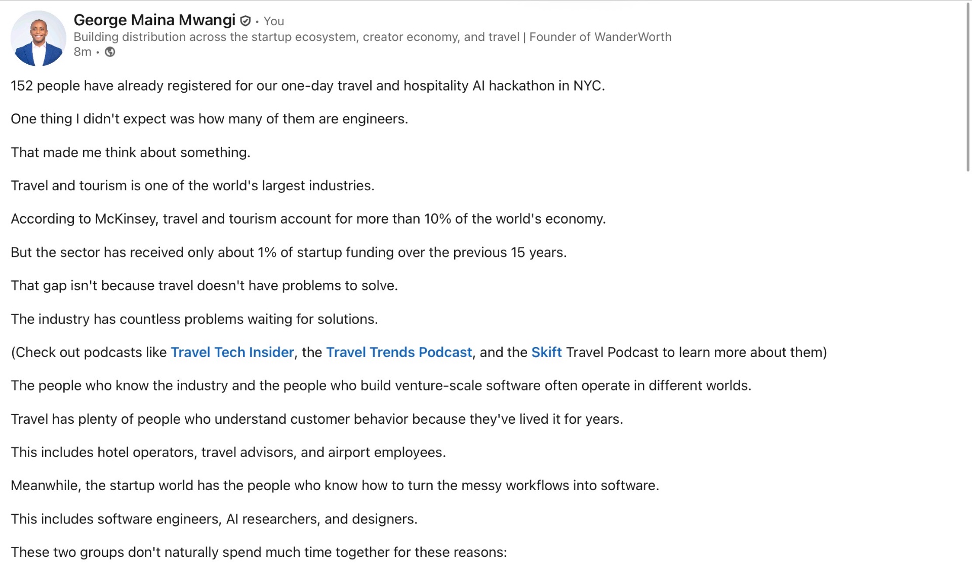 Screenshot of George Mwangi LinkedIn writing sample on 152 Registered for Checkout and Why So Many Are Engineers.