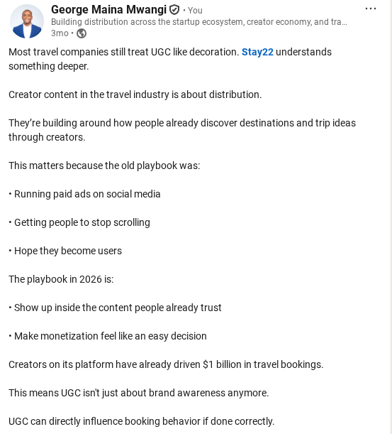 Screenshot of George Mwangi LinkedIn writing sample on Stay22, UGC, and Creator-Led Distribution in Travel.