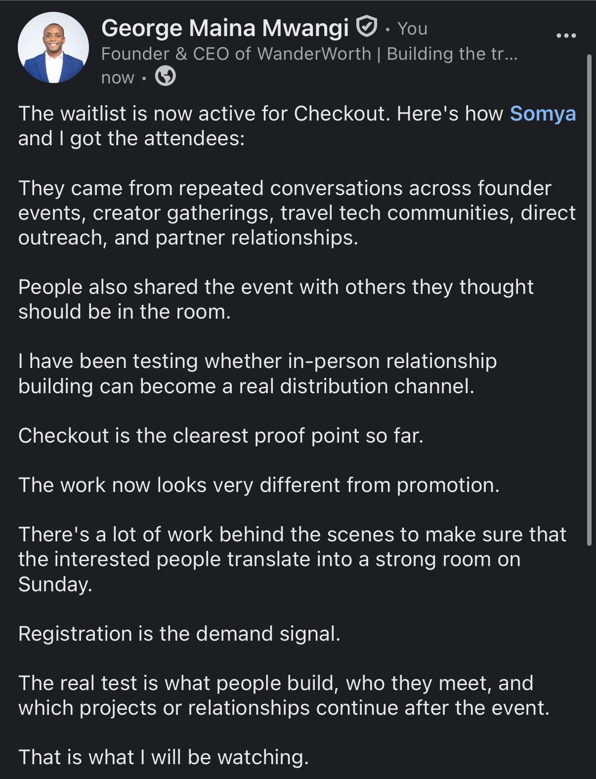 Screenshot of George Mwangi LinkedIn writing sample on The Checkout Waitlist Is Active, and How the Room Actually Got Built.