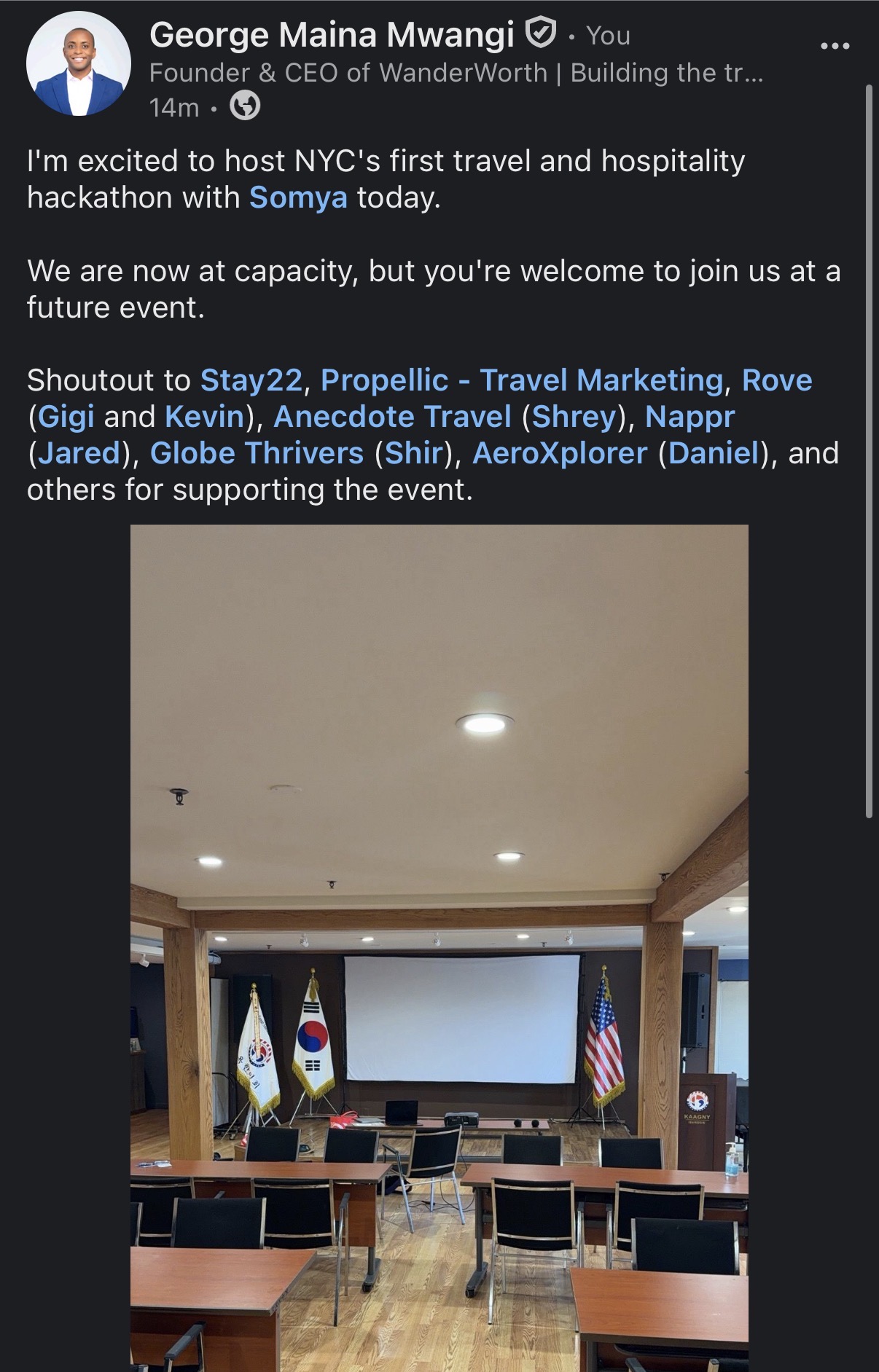 Screenshot of George Mwangi LinkedIn writing sample on Hosting NYC's First Travel and Hospitality Hackathon, With the Room Full.