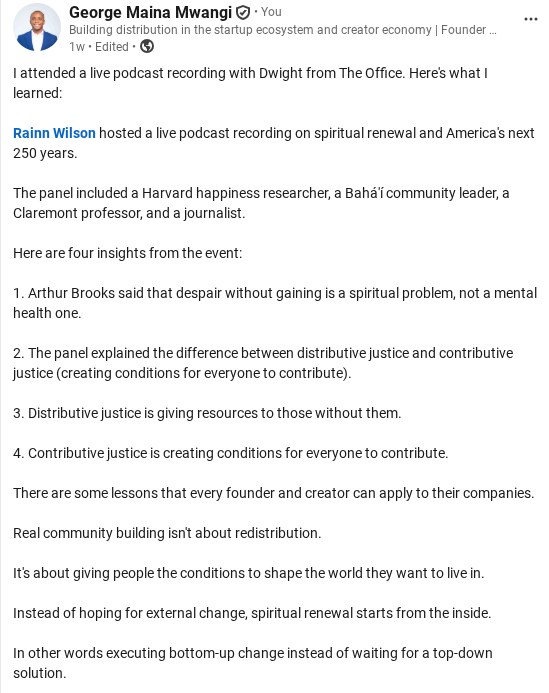 Screenshot of George Mwangi LinkedIn writing sample on Community Building, Spiritual Renewal, and Founder Lessons.