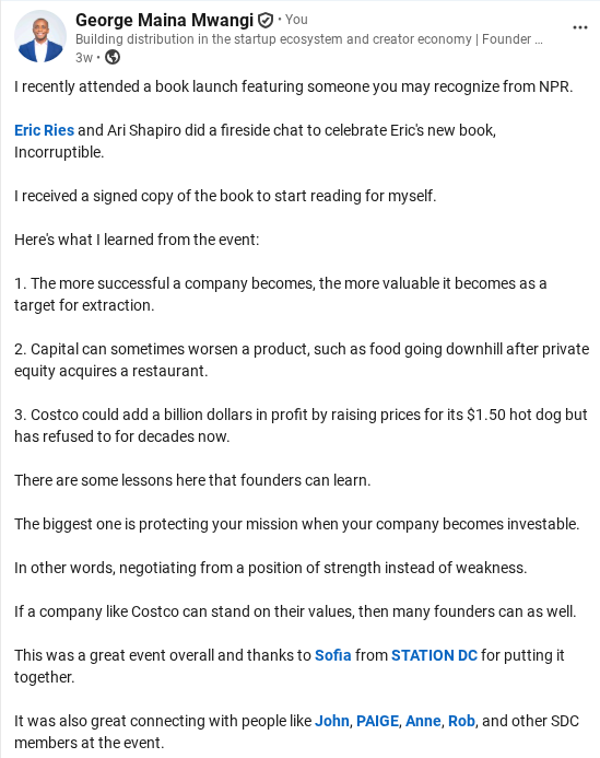Screenshot of George Mwangi LinkedIn writing sample on Founder Storytelling, Book Launches, and Startup Community.