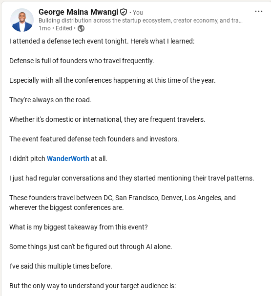 Screenshot of George Mwangi LinkedIn writing sample on Defense Tech Founders, Travel Patterns, and Listening Over Pitching.