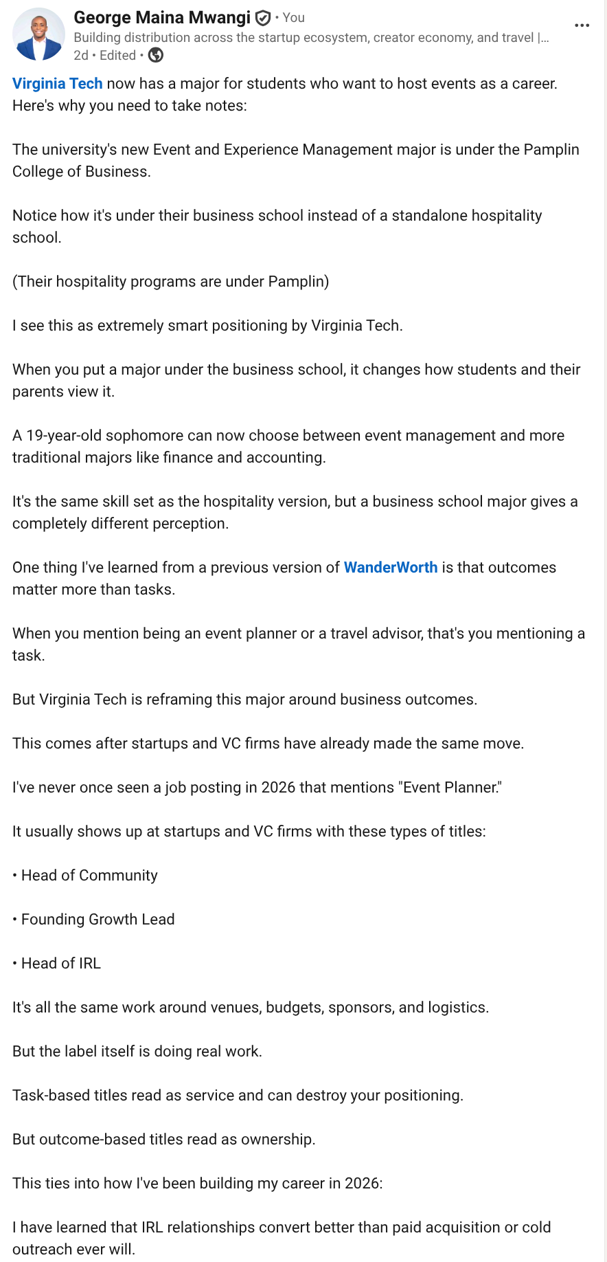 Screenshot of George Mwangi LinkedIn writing sample on Virginia Tech's Event Major and the Shift to Outcome-Based Titles.