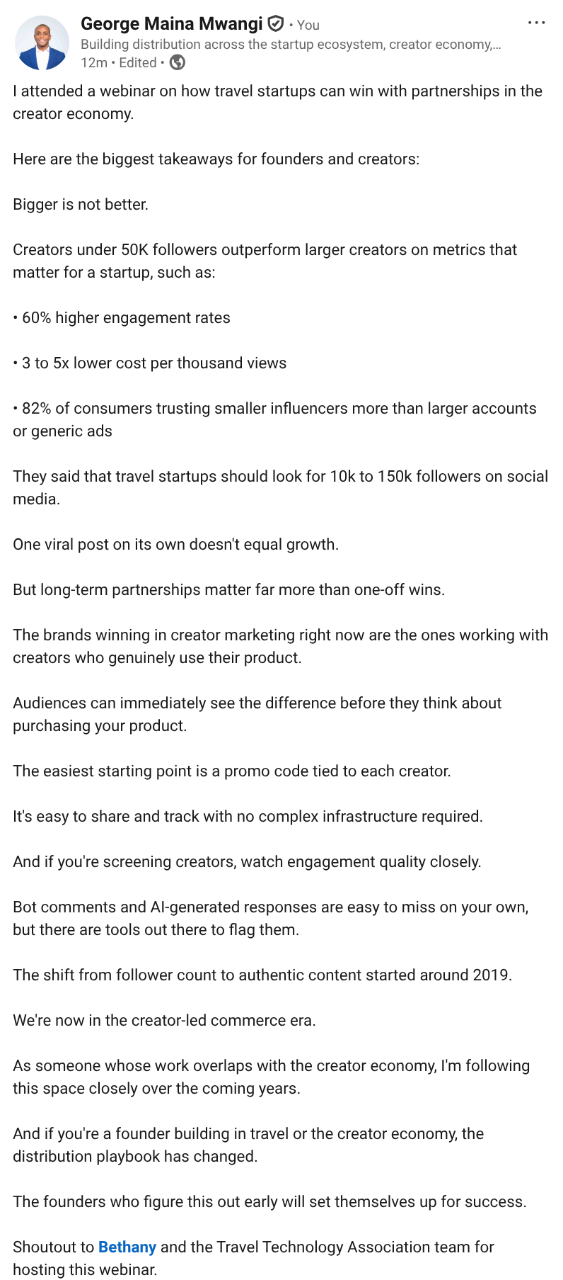 Screenshot of George Mwangi LinkedIn writing sample on Travel Startups, Creator Partnerships, and the Creator-Led Commerce Era.