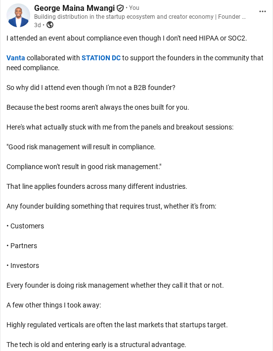 Screenshot of George Mwangi LinkedIn writing sample on Station DC, Compliance, and Frontier Technology GTM.