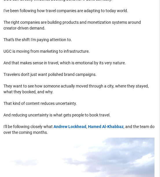 Screenshot 2 of LinkedIn post: Stay22, UGC, and Creator-Led Distribution in Travel