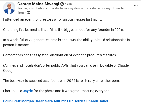 Screenshot of George Mwangi LinkedIn writing sample on Creator Events, Community, and Relationship-Led Distribution.