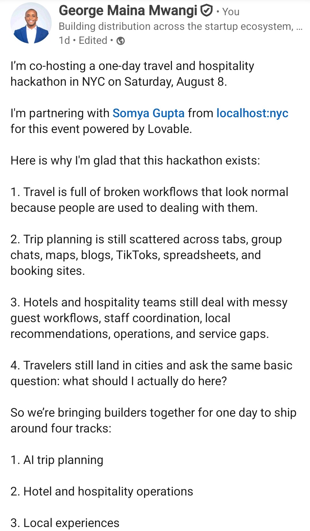 Screenshot of George Mwangi LinkedIn writing sample on Co-Hosting a Travel and Hospitality Hackathon in NYC.