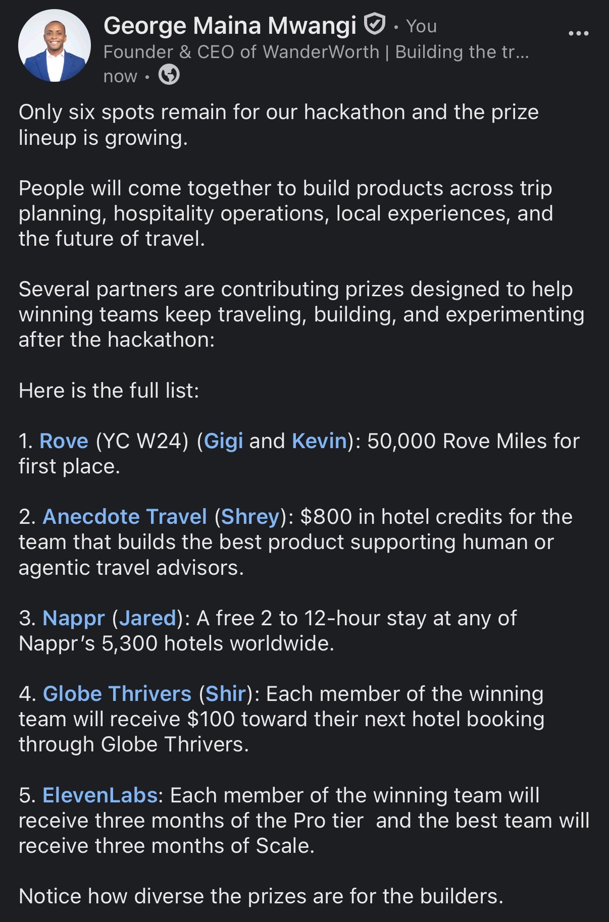Screenshot of George Mwangi LinkedIn writing sample on Six Spots Left and a Prize Lineup Built Around What Builders Do Next.