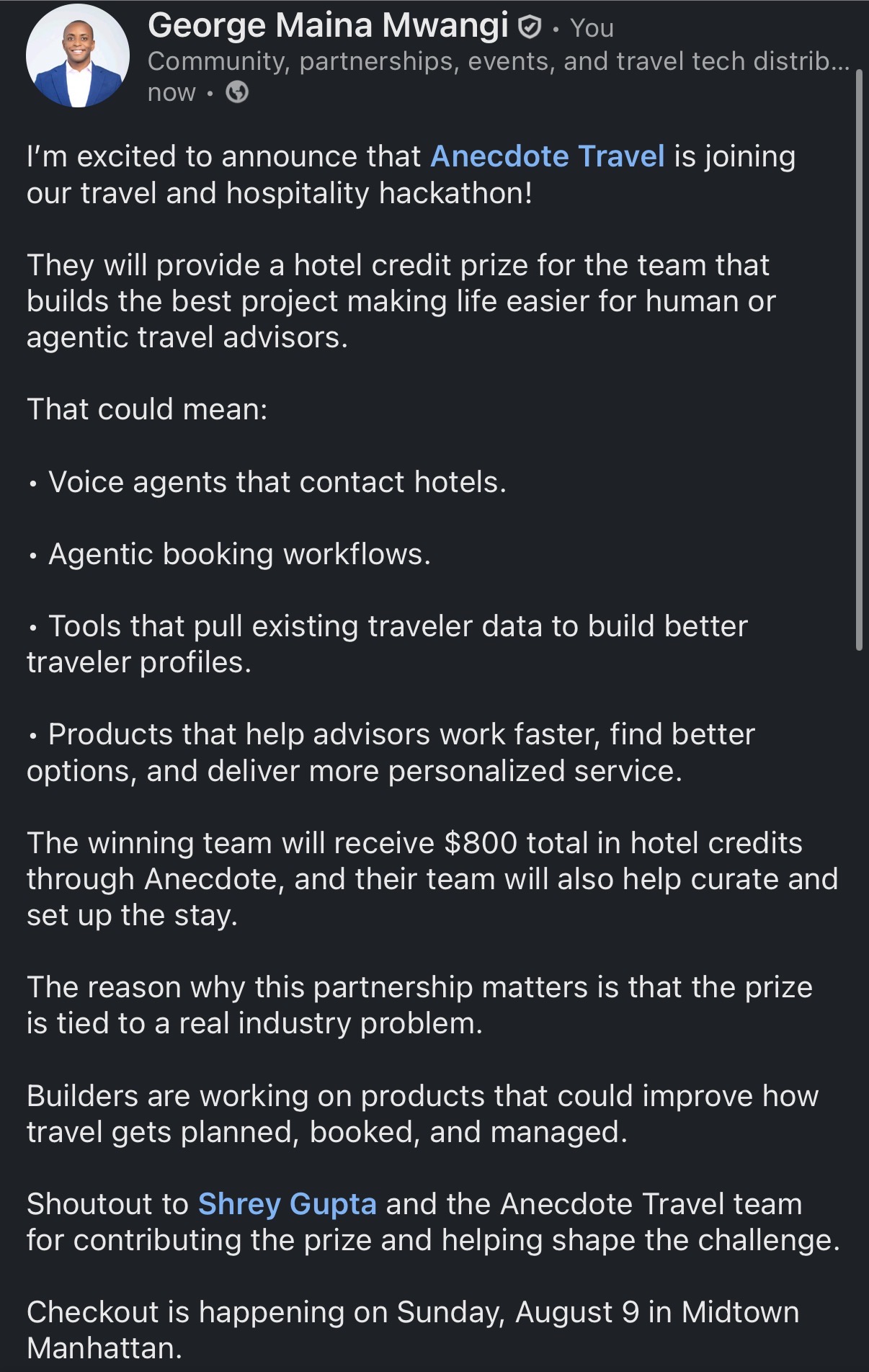 Screenshot of George Mwangi LinkedIn writing sample on Anecdote Travel Is Joining Checkout With a Prize Tied to a Real Industry Problem.