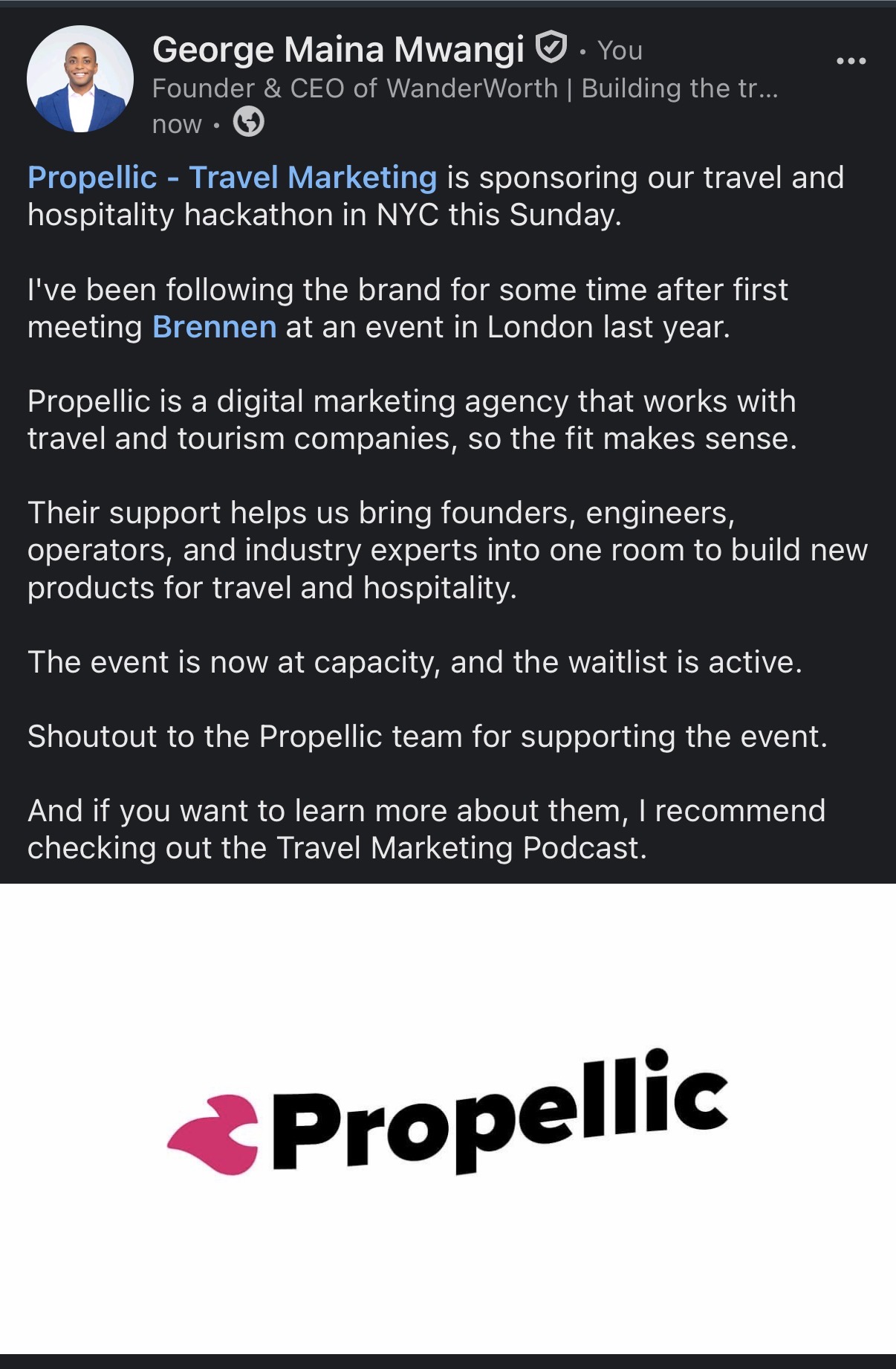 Screenshot of George Mwangi LinkedIn writing sample on Propellic Is Sponsoring Checkout, and the Waitlist Is Now Active.