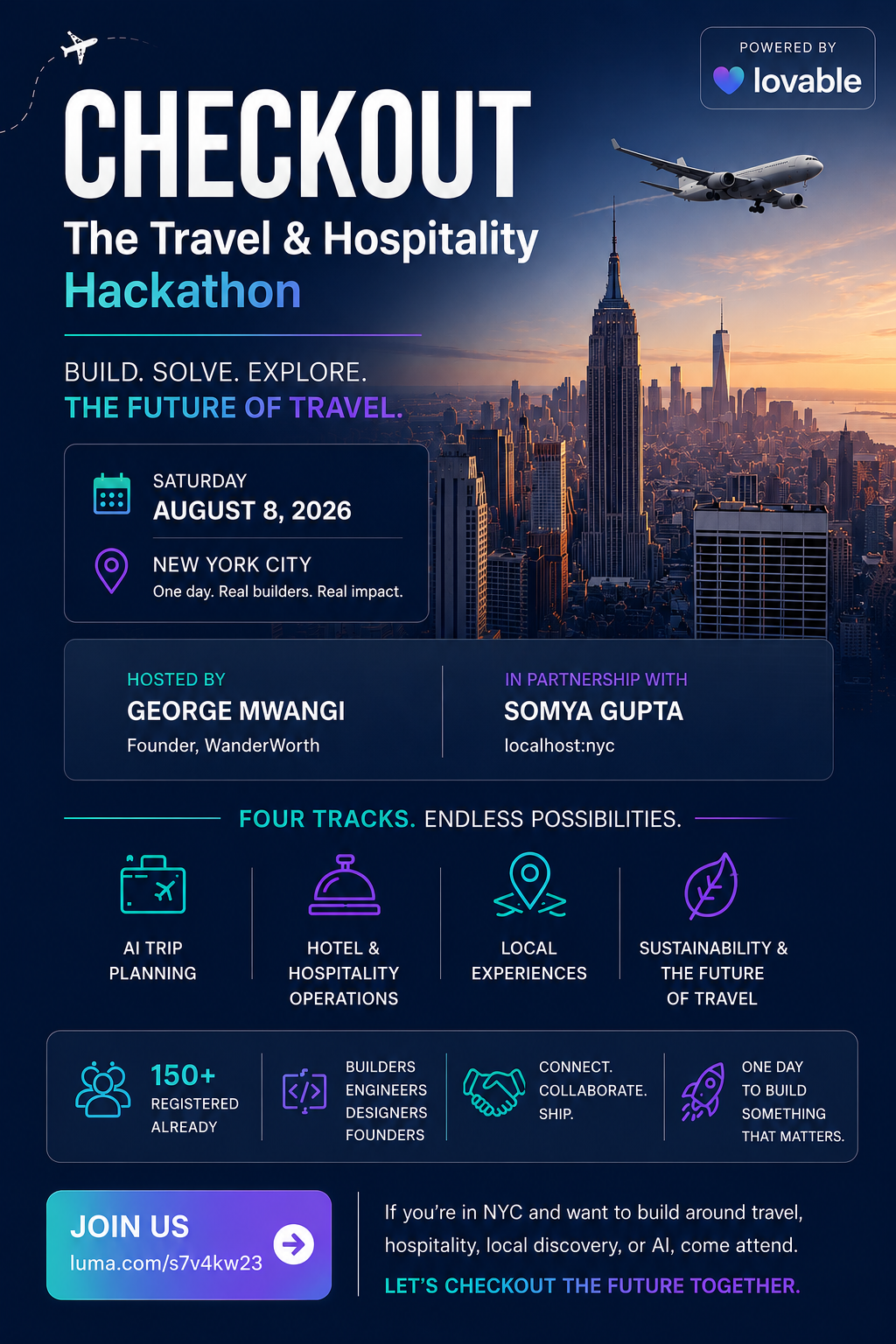 Checkout travel and hospitality AI hackathon poster