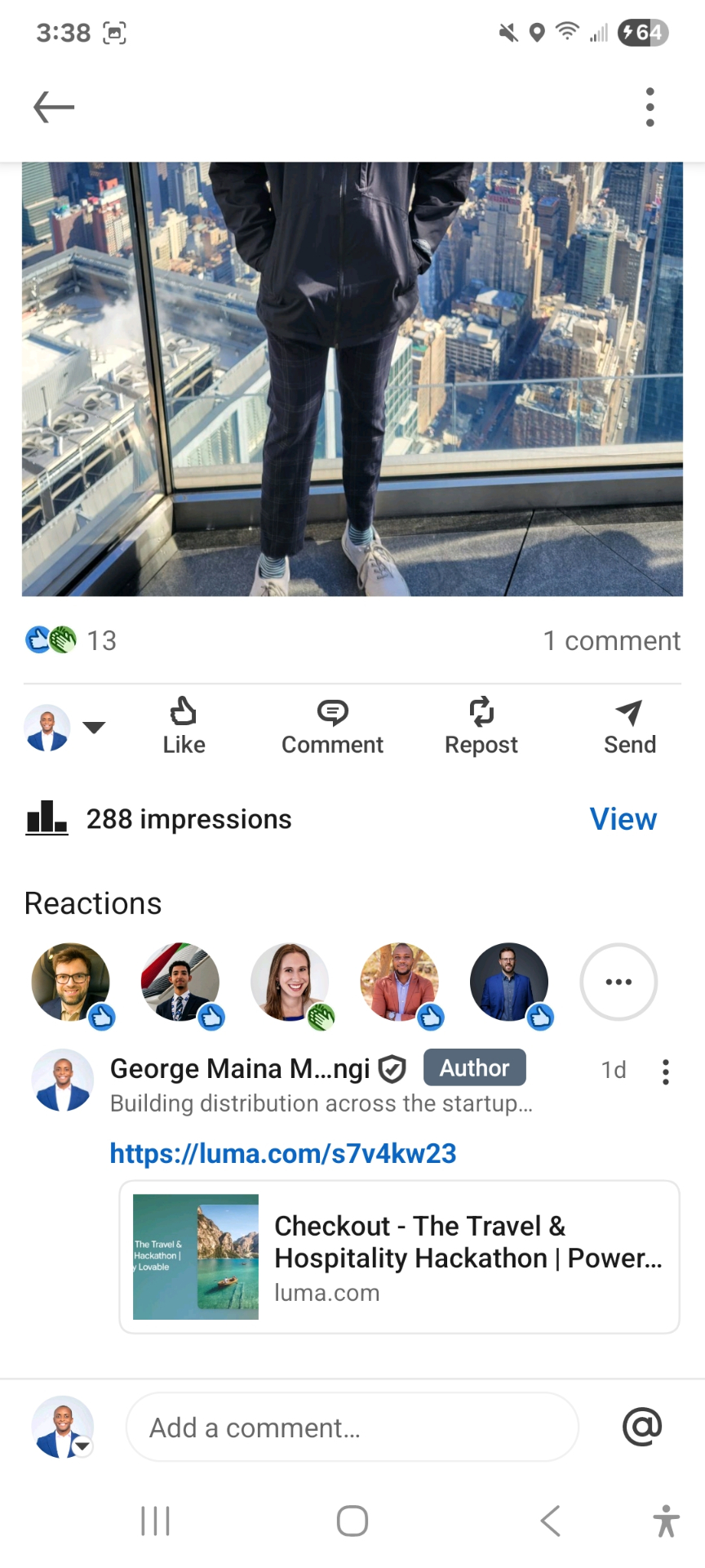 Screenshot 3 of LinkedIn post: Co-Hosting a Travel and Hospitality Hackathon in NYC