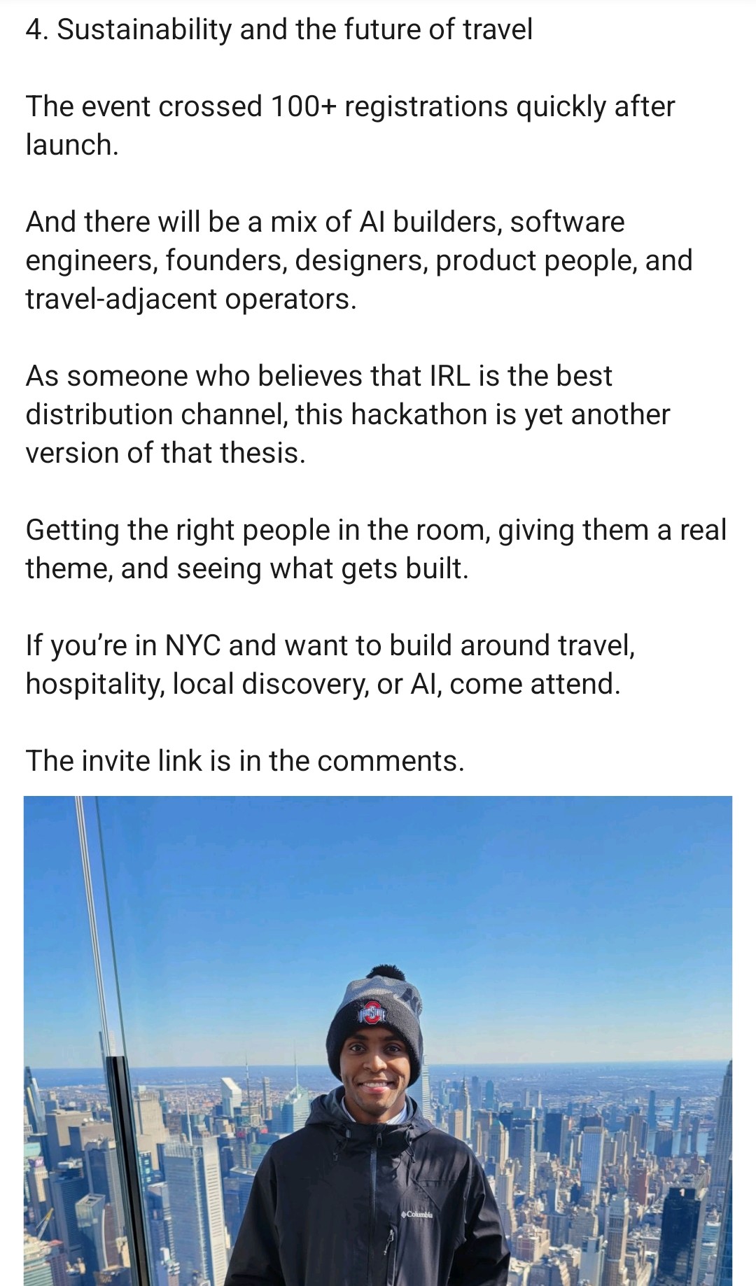 Screenshot 2 of LinkedIn post: Co-Hosting a Travel and Hospitality Hackathon in NYC